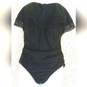 3/10 Kona Sol Black Peasant Style Strapless Swimsuit M Crochet Trim Boho